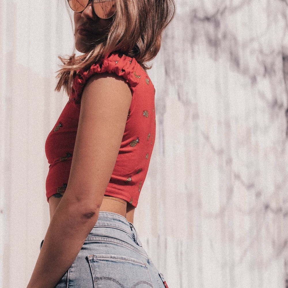 Ellie Patterned Puff Sleeve Crop Top - Pineapple
